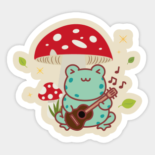 Cute Cottagecore Frog Playing the Guitar Mushroom Sticker